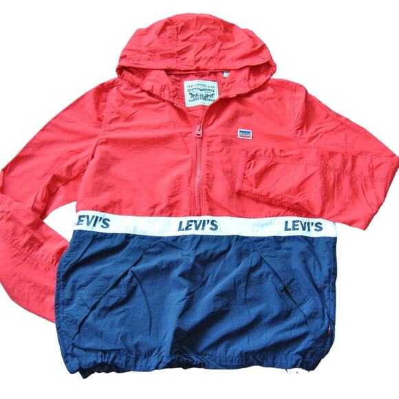 Levi Strauss & Co. Small Red White & Blue Hooded Quarter Zip Windbreaker Jacket - Picture 1 of 6